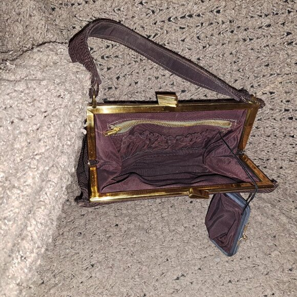 GOLD SEAL-Vintage 50s Corded Chocolate Brown Bag-Attached Coin Purse-Near Mint - Picture 5 of 11